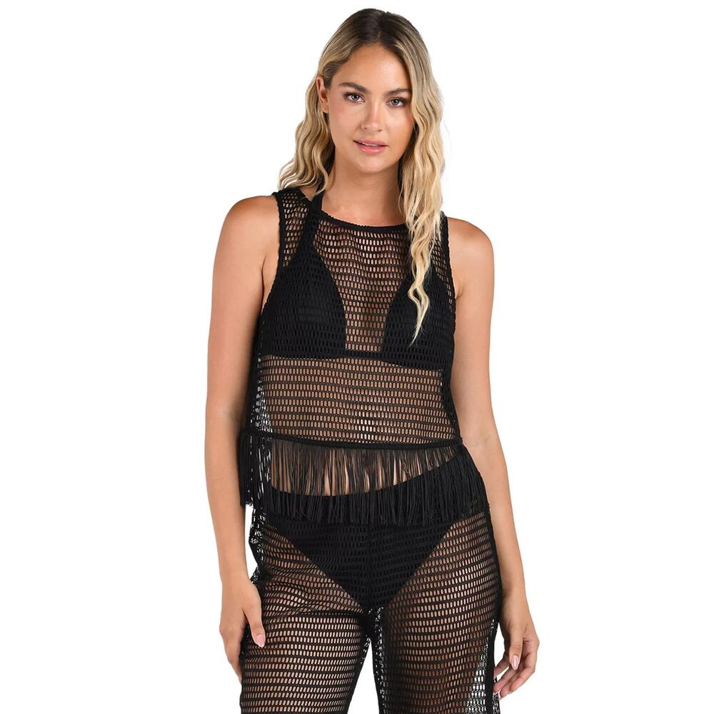 La Blanca Women's Fringe-Trim Sheer Tank Top Black Size S 0274